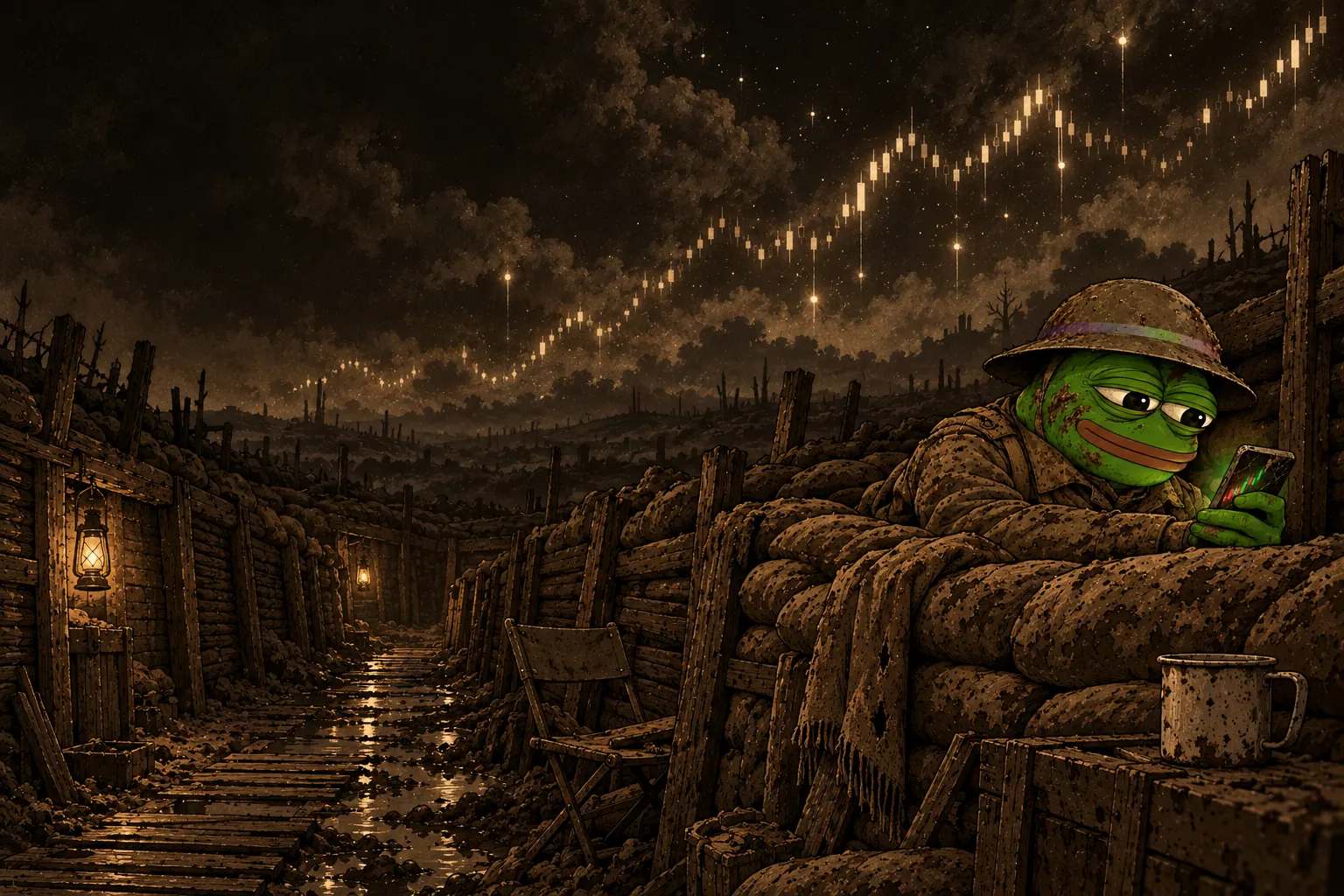 At night, in an empty trench with a forgotten mug and folding chair, Trench Pepe leans on the sandbags and looks out at a sky full of tiny glowing charts.
